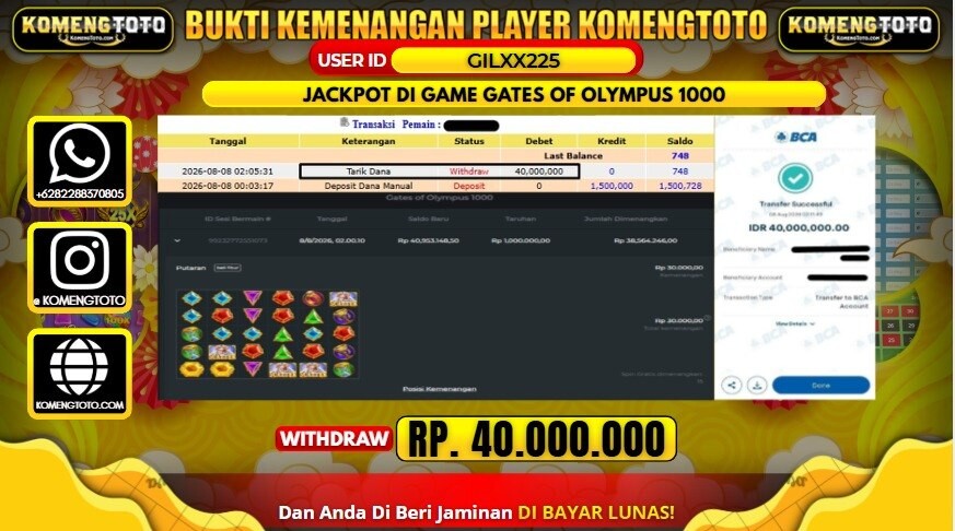 LAGI & LAGI!! KEMENANGAN BESAR DI SLOT GAME GATES OF OLYMPUS 1000 SEBESAR Rp.40.000.000 KOMENGTOTO BAYAR LUNAS SECEPAT KILAT !! KOMENGTOTO BAYAR SECEPAT KILAT !!