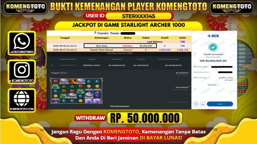 LAGI & LAGI!! KEMENANGAN BESAR DI SLOT STARLIGHT ARCHER 1000 SEBESAR Rp50.000.000 KOMENGTOTO BAYAR LUNAS SECEPAT KILAT !! KOMENGTOTO BAYAR SECEPAT KILAT !!