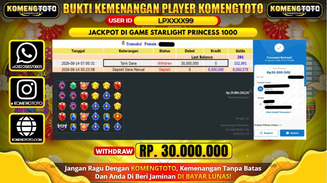 LAGI & LAGI!! KEMENANGAN BESAR DI SLOT GAME STARLIGHT PRINCESS 1000 SEBESAR Rp.30.000.000 KOMENGTOTO BAYAR LUNAS SECEPAT KILAT !! KOMENGTOTO BAYAR SECEPAT KILAT !!