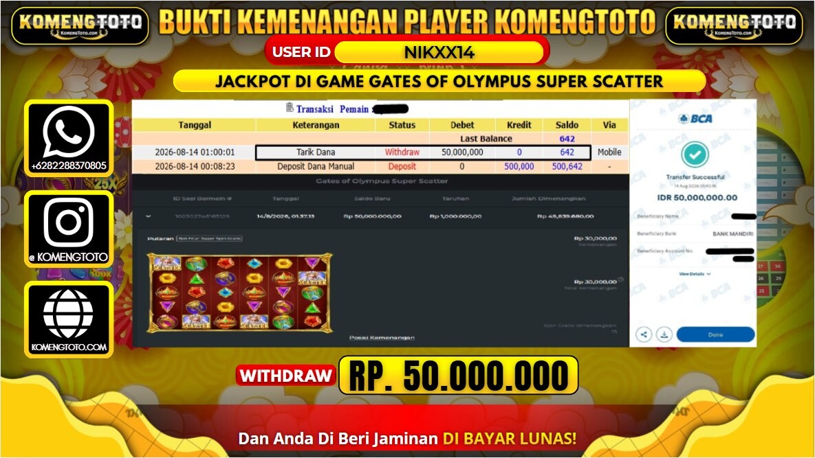 LAGI & LAGI!! KEMENANGAN BESAR DI SLOT GATES OF OLYMPUS SUPER SCATTER SEBESAR Rp. 50.000.000 KOMENGTOTO BAYAR LUNAS SECEPAT KILAT !! KOMENGTOTO BAYAR SECEPAT KILAT !!