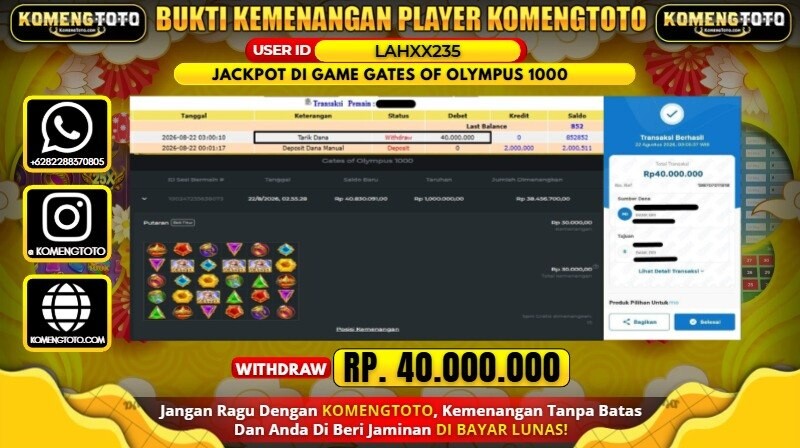 LAGI & LAGI!! KEMENANGAN BESAR DI SLOT GATES OF OLYMPUS 1000 SEBESAR Rp. 40.000.000 KOMENGTOTO BAYAR LUNAS SECEPAT KILAT !! KOMENGTOTO BAYAR SECEPAT KILAT !!