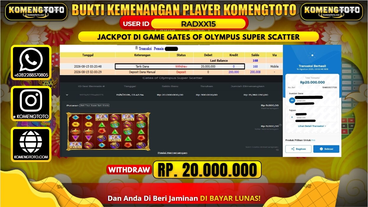 LAGI & LAGI!! KEMENANGAN BESAR DI SLOT GATES OF OLYMPUS SUPER SCATTER SEBESAR Rp. 20.000.000 KOMENGTOTO BAYAR LUNAS SECEPAT KILAT !! KOMENGTOTO BAYAR SECEPAT KILAT !!