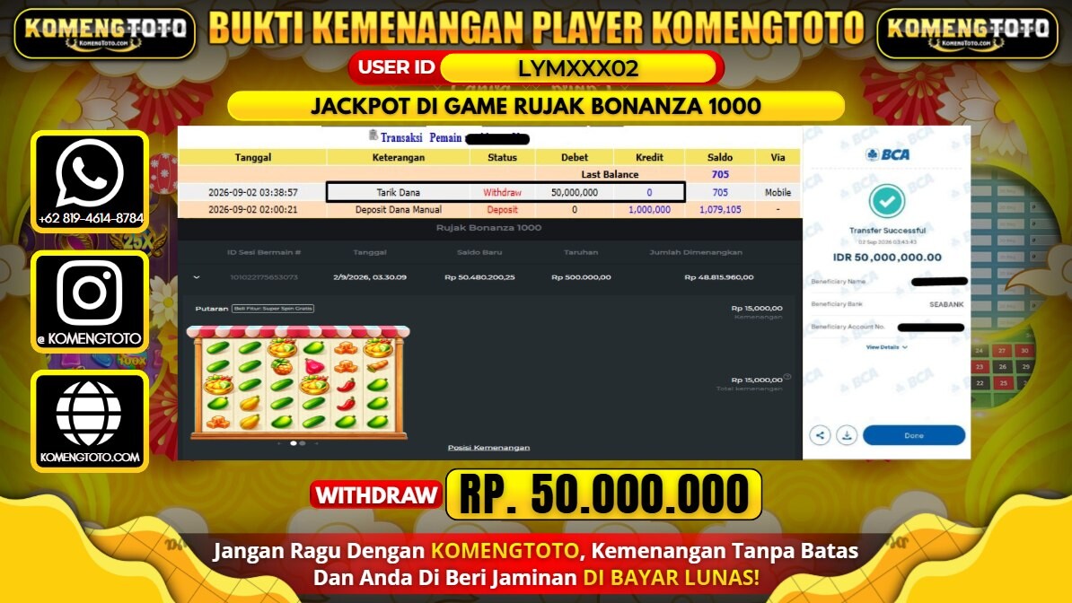 LAGI & LAGI!! KEMENANGAN BESAR DI SLOT RUJAK BONANZA 1000 Rp. 50.000.000 KOMENGTOTO BAYAR LUNAS SECEPAT KILAT !! KOMENGTOTO BAYAR SECEPAT KILAT !!