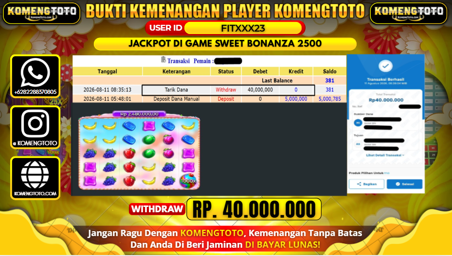 LAGI & LAGI!! KEMENANGAN BESAR DI SLOT GAME SWEET BONANZA 2500  SEBESAR Rp.40.000.000 KOMENGTOTO BAYAR LUNAS SECEPAT KILAT !! KOMENGTOTO BAYAR SECEPAT KILAT !!