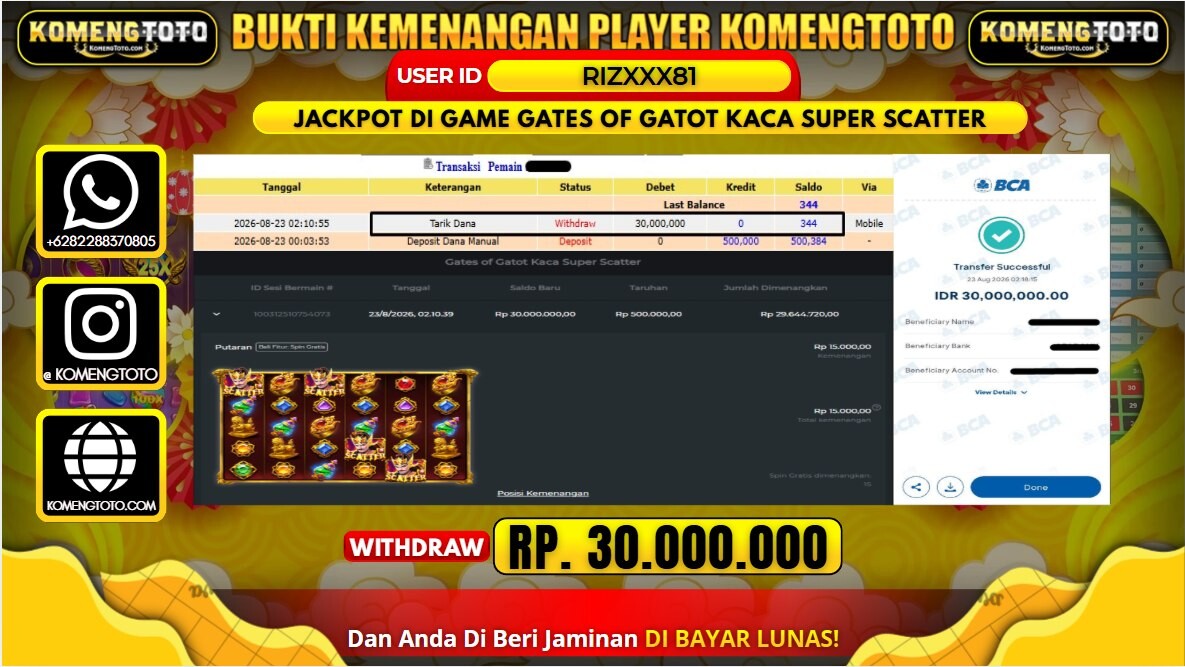 LAGI & LAGI!! KEMENANGAN BESAR DI SLOT GATES OF GATOT KACA SUPER SCATTER SEBESAR Rp. 30.000.000 KOMENGTOTO BAYAR LUNAS SECEPAT KILAT !! KOMENGTOTO BAYAR SECEPAT KILAT !!
