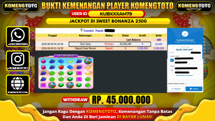 LAGI & LAGI!! KEMENANGAN BESAR DI SLOT SWEET BONANZA 2500   SEBESAR Rp.45.000.000 KOMENGTOTO BAYAR LUNAS SECEPAT KILAT !! KOMENGTOTO BAYAR SECEPAT KILAT !!