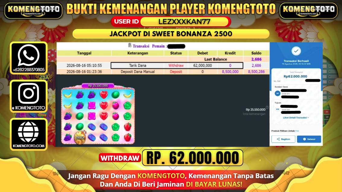 LAGI & LAGI!! KEMENANGAN BESAR DI SLOT  SWEET BONANZA 2500 SEBESAR Rp.62.000.000 KOMENGTOTO BAYAR LUNAS SECEPAT KILAT !! KOMENGTOTO BAYAR SECEPAT KILAT !!