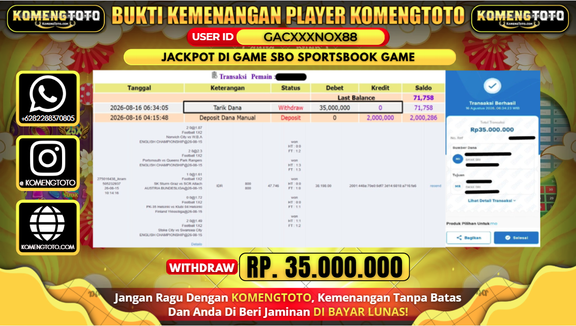 LAGI & LAGI!! KEMENANGAN BESAR DI SBO SPORTSBOOK GAME  SEBESAR Rp.35.000.000 KOMENGTOTO BAYAR LUNAS SECEPAT KILAT !! KOMENGTOTO BAYAR SECEPAT KILAT !!
