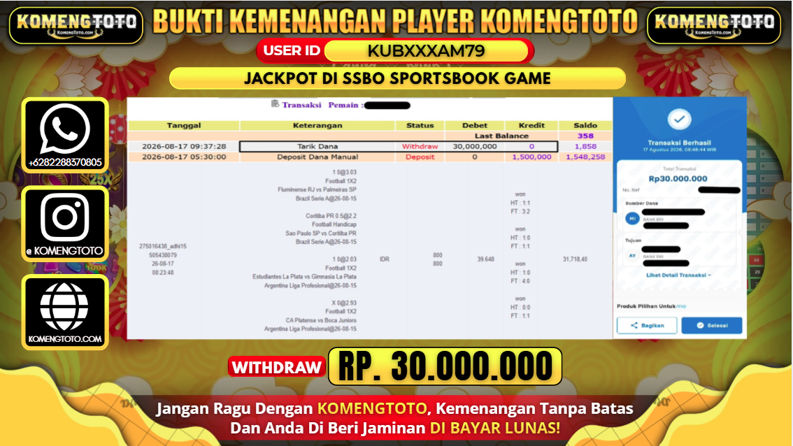 LAGI & LAGI!! KEMENANGAN BESAR DI SSBO SPORTSBOOK GAME SEBESAR Rp.30.000.000 KOMENGTOTO BAYAR LUNAS SECEPAT KILAT !! KOMENGTOTO BAYAR SECEPAT KILAT !!