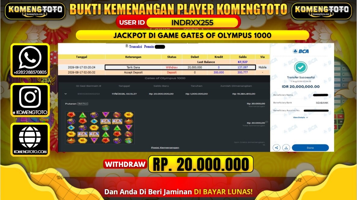 LAGI & LAGI!! KEMENANGAN BESAR DI SLOT GATES OF OLYMPUS 1000 SEBESAR Rp. 20.000.000 KOMENGTOTO BAYAR LUNAS SECEPAT KILAT !! KOMENGTOTO BAYAR SECEPAT KILAT !!