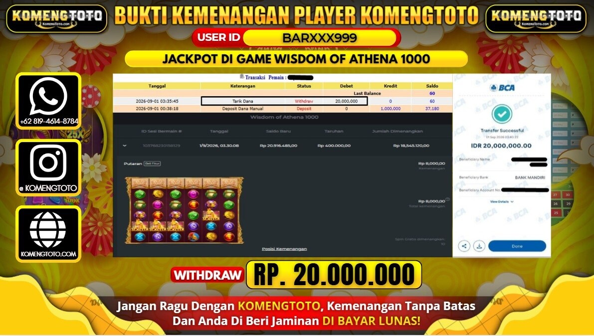 LAGI & LAGI!! KEMENANGAN BESAR DI SLOT WISDOM OF ATHENA 1000 Rp. 20.000.000 KOMENGTOTO BAYAR LUNAS SECEPAT KILAT !! KOMENGTOTO BAYAR SECEPAT KILAT !!