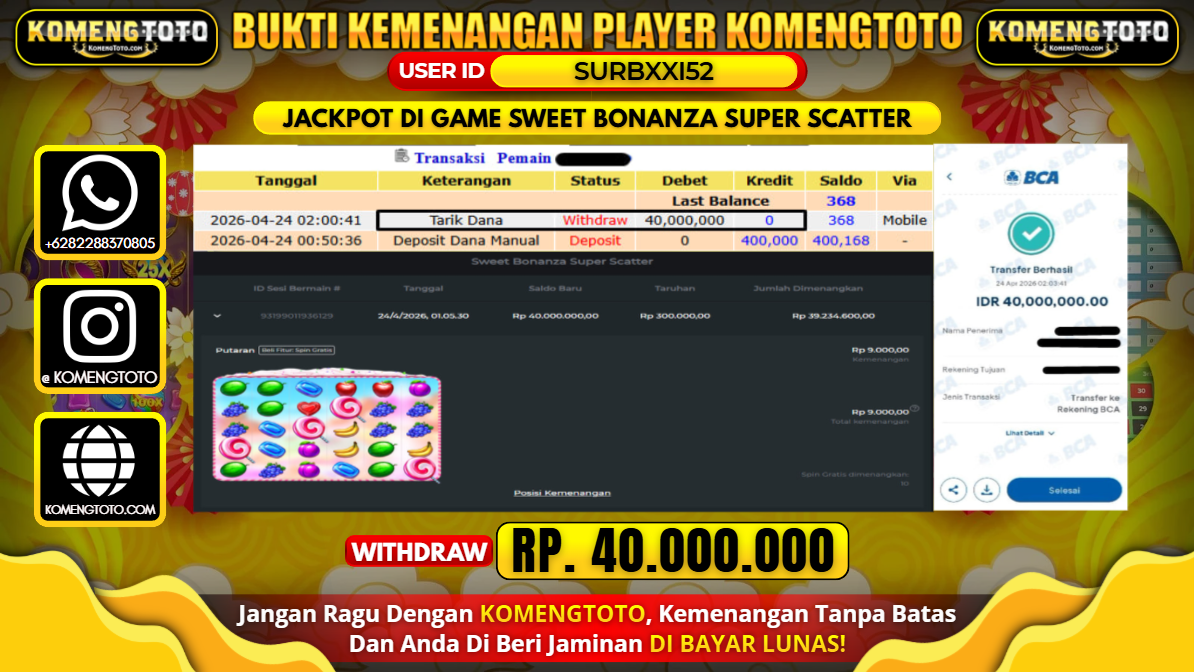 LAGI & LAGI!! KEMENANGAN BESAR DI SLOT SWEET BONANZA SUPER SCATTER SEBESAR Rp.40.000.000 KOMENGTOTO BAYAR LUNAS SECEPAT KILAT !! KOMENGTOTO BAYAR SECEPAT KILAT !!