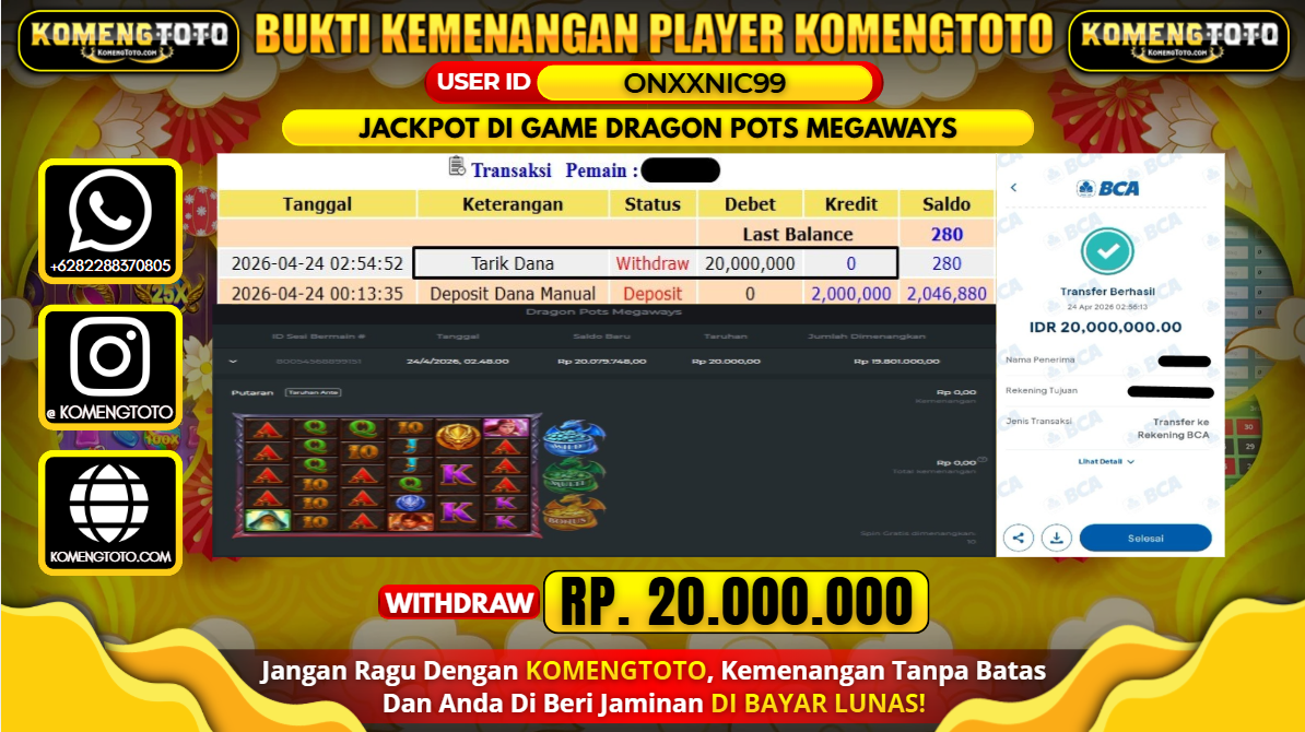 LAGI & LAGI!! KEMENANGAN BESAR DI SLOT DRAGON POTS MEGAWAYS SEBESAR Rp.20.000.000 KOMENGTOTO BAYAR LUNAS SECEPAT KILAT !! KOMENGTOTO BAYAR SECEPAT KILAT !!
