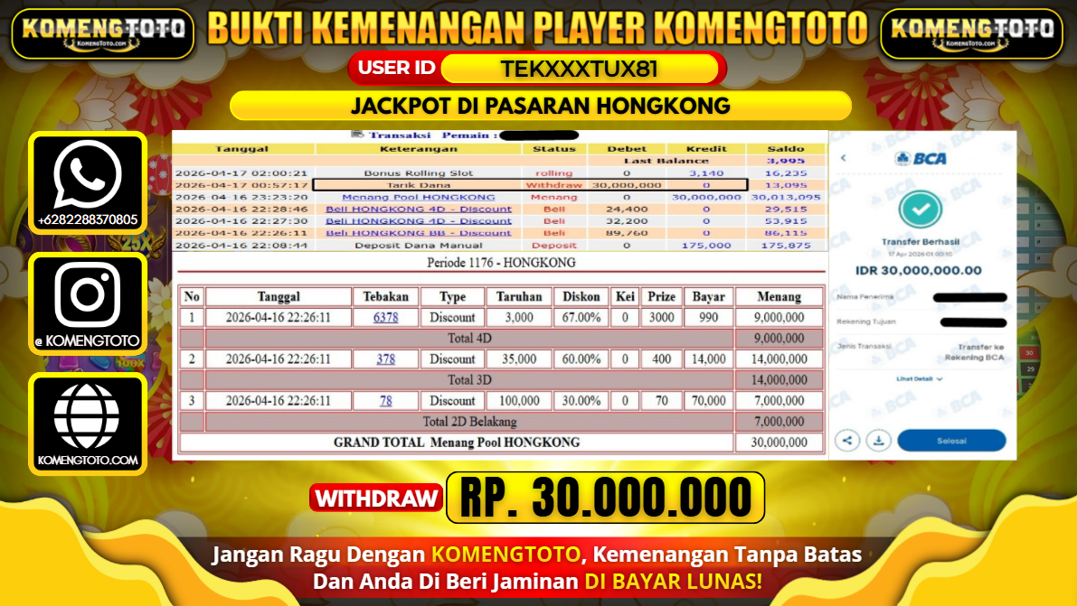 LAGI & LAGI!! KEMENANGAN BESAR DI SLOT PASARAN HONGKONG  SEBESAR Rp. 30.000.000 KOMENGTOTO BAYAR LUNAS SECEPAT KILAT !! KOMENGTOTO BAYAR SECEPAT KILAT !!