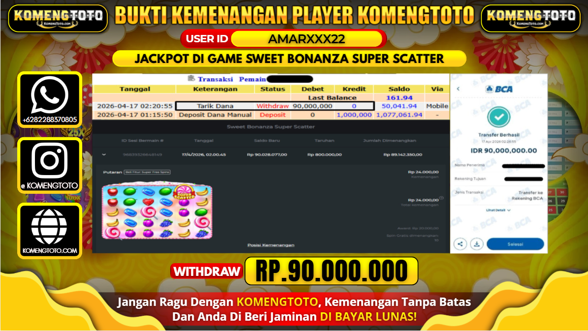 LAGI & LAGI!! KEMENANGAN BESAR DI SLOT  SWEET BONANZA SUPER SCATTER SEBESAR Rp.90.000.000 KOMENGTOTO BAYAR LUNAS SECEPAT KILAT !! KOMENGTOTO BAYAR SECEPAT KILAT !!