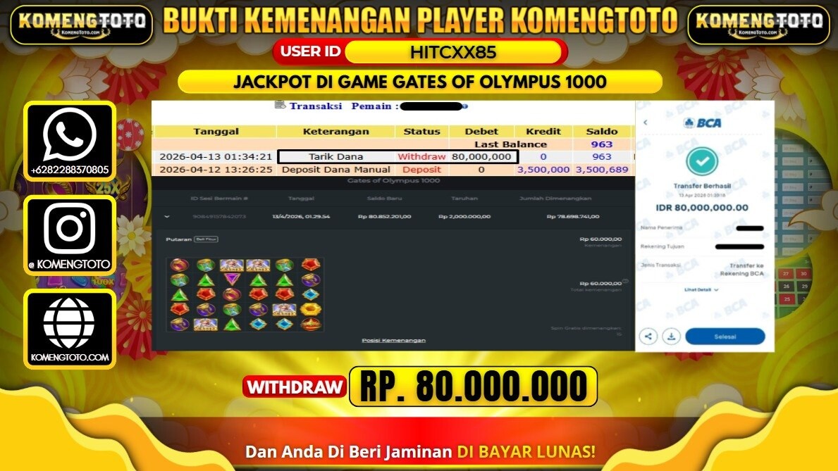 LAGI & LAGI!! KEMENANGAN BESAR DI SLOT  GATES OF OLYMPUS 1000 SEBESAR Rp.80.000.000 KOMENGTOTO BAYAR LUNAS SECEPAT KILAT !! KOMENGTOTO BAYAR SECEPAT KILAT !!c