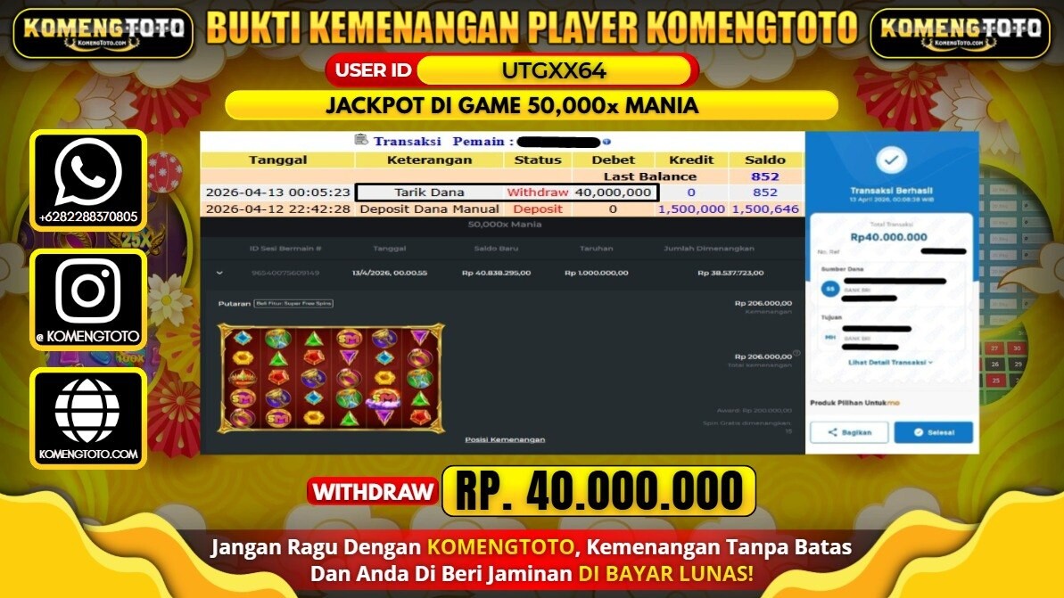 LAGI & LAGI!! KEMENANGAN BESAR DI SLOT 50,000x MANIA SEBESAR Rp.40.000.000 KOMENGTOTO BAYAR LUNAS SECEPAT KILAT !! KOMENGTOTO BAYAR SECEPAT KILAT !!c