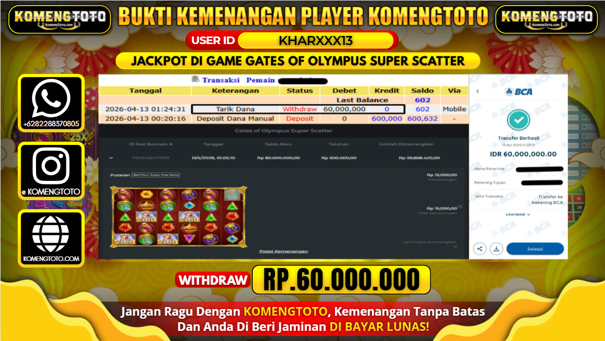 LAGI & LAGI!! KEMENANGAN BESAR DI SLOT GATES OF OLYMPUS SUPER SCATTER SEBESAR Rp.60.000.000 KOMENGTOTO BAYAR LUNAS SECEPAT KILAT !! KOMENGTOTO BAYAR SECEPAT KILAT !!