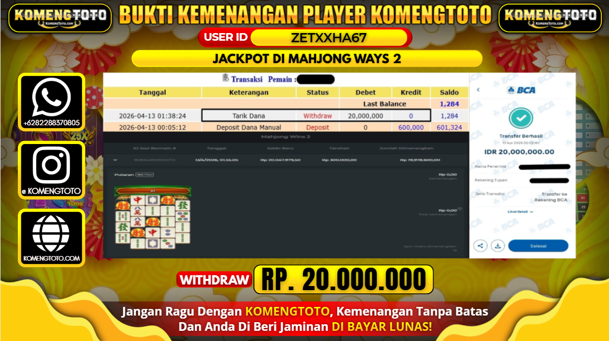 LAGI & LAGI!! KEMENANGAN BESAR DI SLOT  MAHJONG WAYS 2 SEBESAR Rp.20.000.000 KOMENGTOTO BAYAR LUNAS SECEPAT KILAT !! KOMENGTOTO BAYAR SECEPAT KILAT !!
