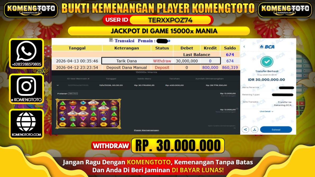 LAGI & LAGI!! KEMENANGAN BESAR DI SLOT GAME 15000x MANIA SEBESAR Rp.30.000.000 KOMENGTOTO BAYAR LUNAS SECEPAT KILAT !! KOMENGTOTO BAYAR SECEPAT KILAT !!