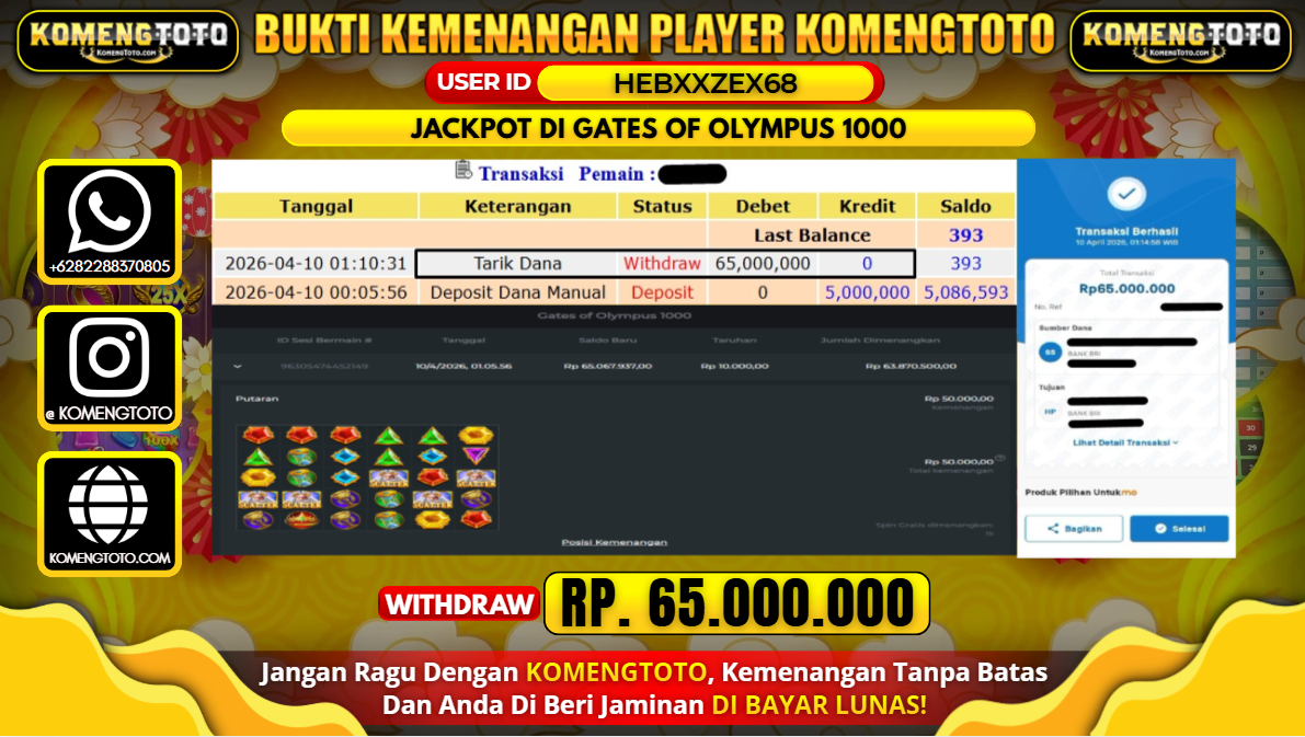LAGI & LAGI!! KEMENANGAN BESAR DI SLOT  GATES OF OLYMPUS 1000 SEBESAR Rp.65.000.000 KOMENGTOTO BAYAR LUNAS SECEPAT KILAT !! KOMENGTOTO BAYAR SECEPAT KILAT !!