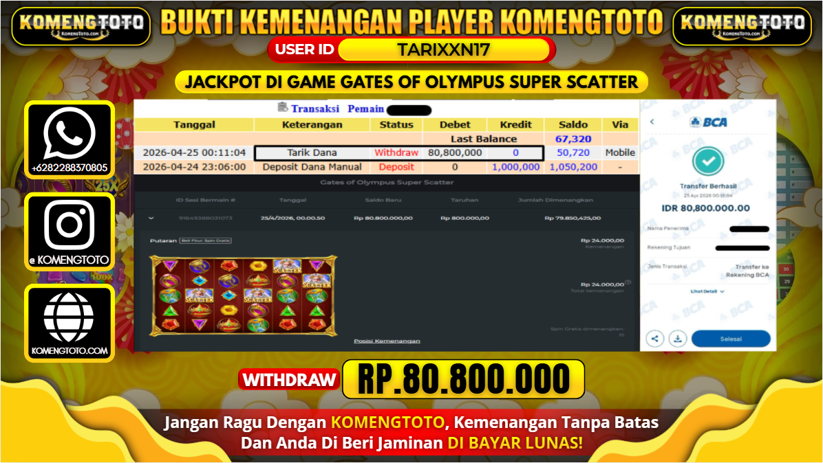 LAGI & LAGI!! KEMENANGAN BESAR DI SLOT GATES OF OLYMPUS SUPER SCATTER SEBESAR Rp.80.800.000 KOMENGTOTO BAYAR LUNAS SECEPAT KILAT !! KOMENGTOTO BAYAR SECEPAT KILAT !!