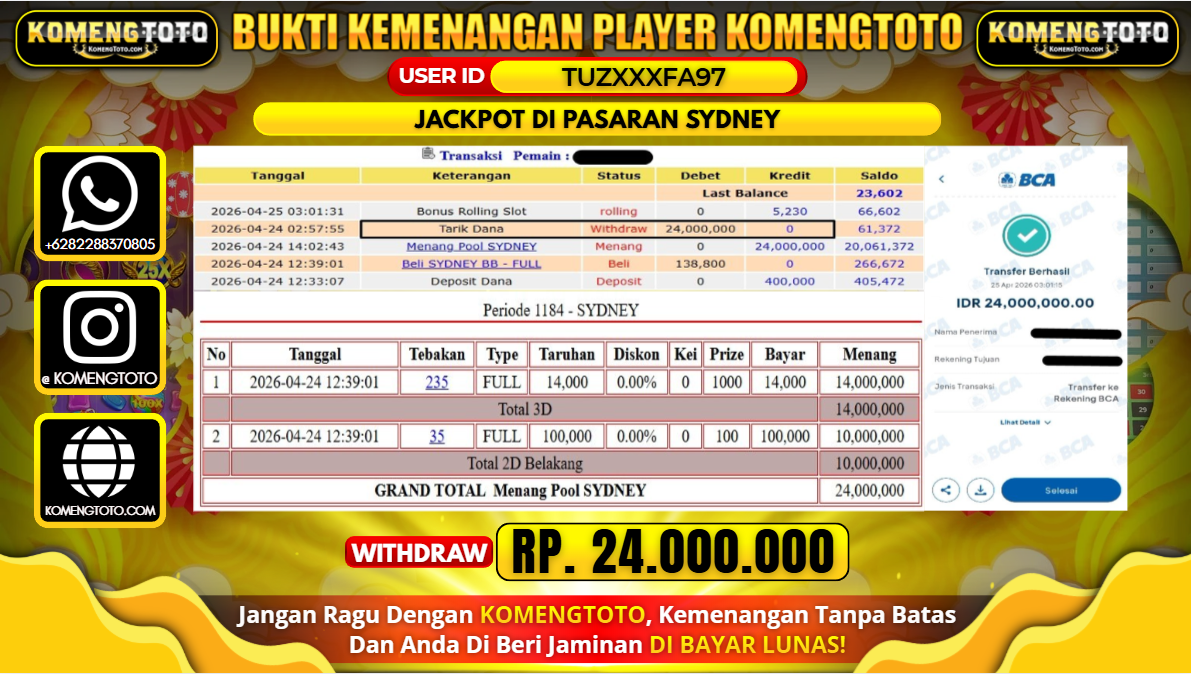 LAGI & LAGI!! KEMENANGAN BESAR DI PASARAN SYDNEY SEBESAR Rp.24.000.000 KOMENGTOTO BAYAR LUNAS SECEPAT KILAT !! KOMENGTOTO BAYAR SECEPAT KILAT !!