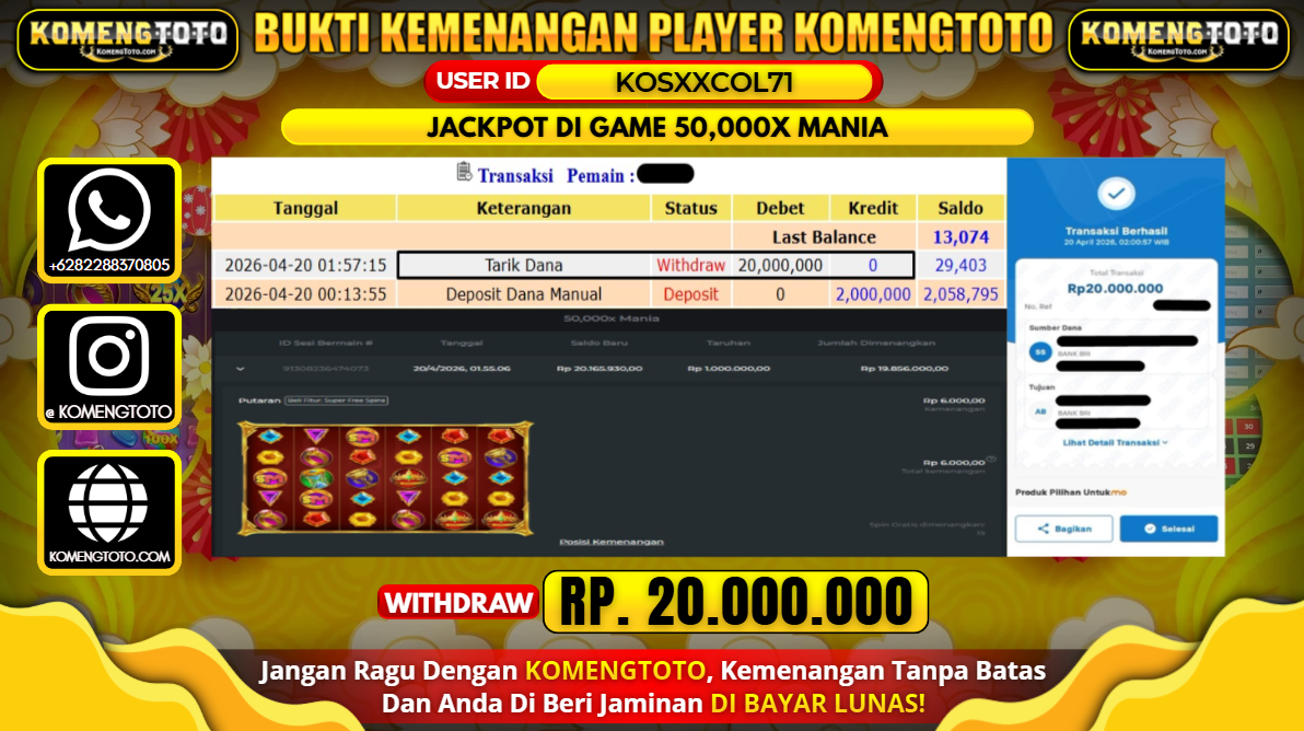 LAGI & LAGI!! KEMENANGAN BESAR DI SLOT 50,000X MANIA SEBESAR Rp.20.000.000 KOMENGTOTO BAYAR LUNAS SECEPAT KILAT !! KOMENGTOTO BAYAR SECEPAT KILAT !!