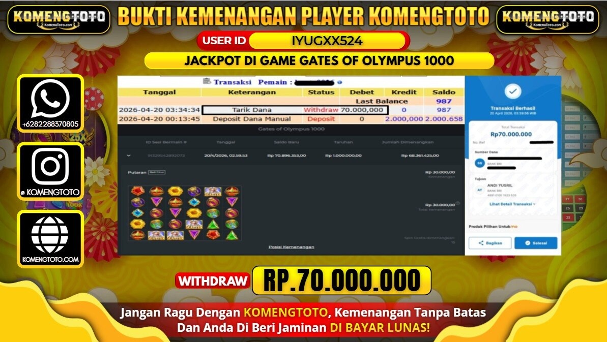 LAGI & LAGI!! KEMENANGAN BESAR DI SLOT GATES OF OLYMPUS 1000 SEBESAR Rp.70.000.000 KOMENGTOTO BAYAR LUNAS SECEPAT KILAT !! KOMENGTOTO BAYAR SECEPAT KILAT !!