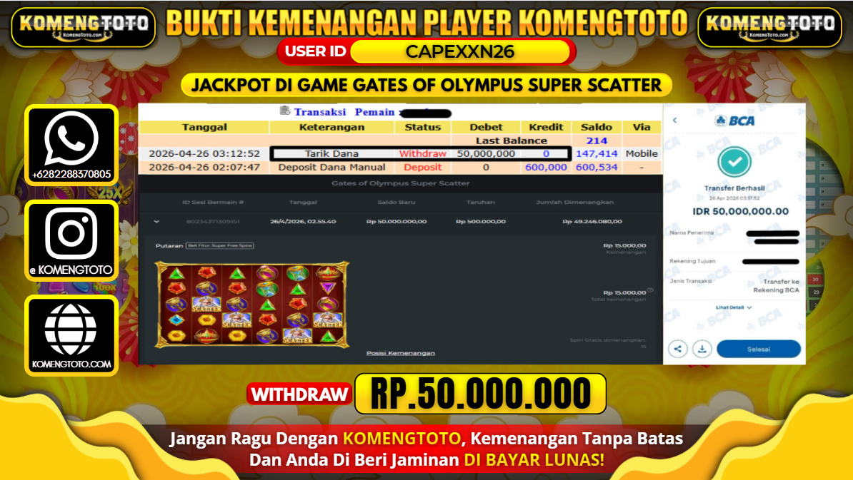 LAGI & LAGI!! KEMENANGAN BESAR DI SLOT  GATES OF OLYMPUS SUPER SCATTER SEBESAR Rp.50.000.000 KOMENGTOTO BAYAR LUNAS SECEPAT KILAT !! KOMENGTOTO BAYAR SECEPAT KILAT !!