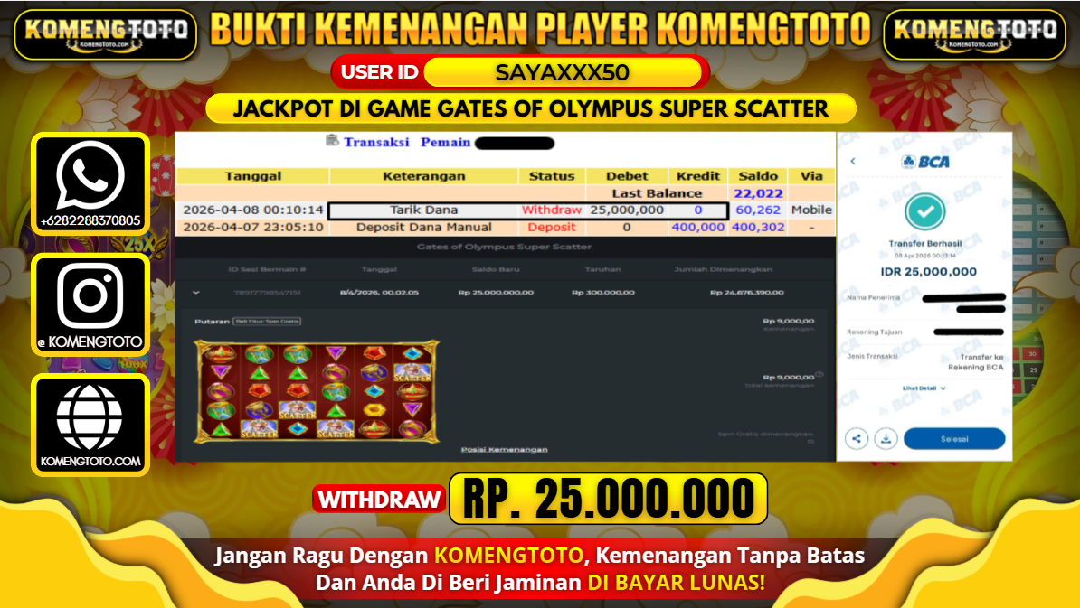 LAGI & LAGI!! KEMENANGAN BESAR DI SLOT GATES OF OLYMPUS SUPER SCATTER SEBESAR Rp.25.000.000 KOMENGTOTO BAYAR LUNAS SECEPAT KILAT !! KOMENGTOTO BAYAR SECEPAT KILAT !!