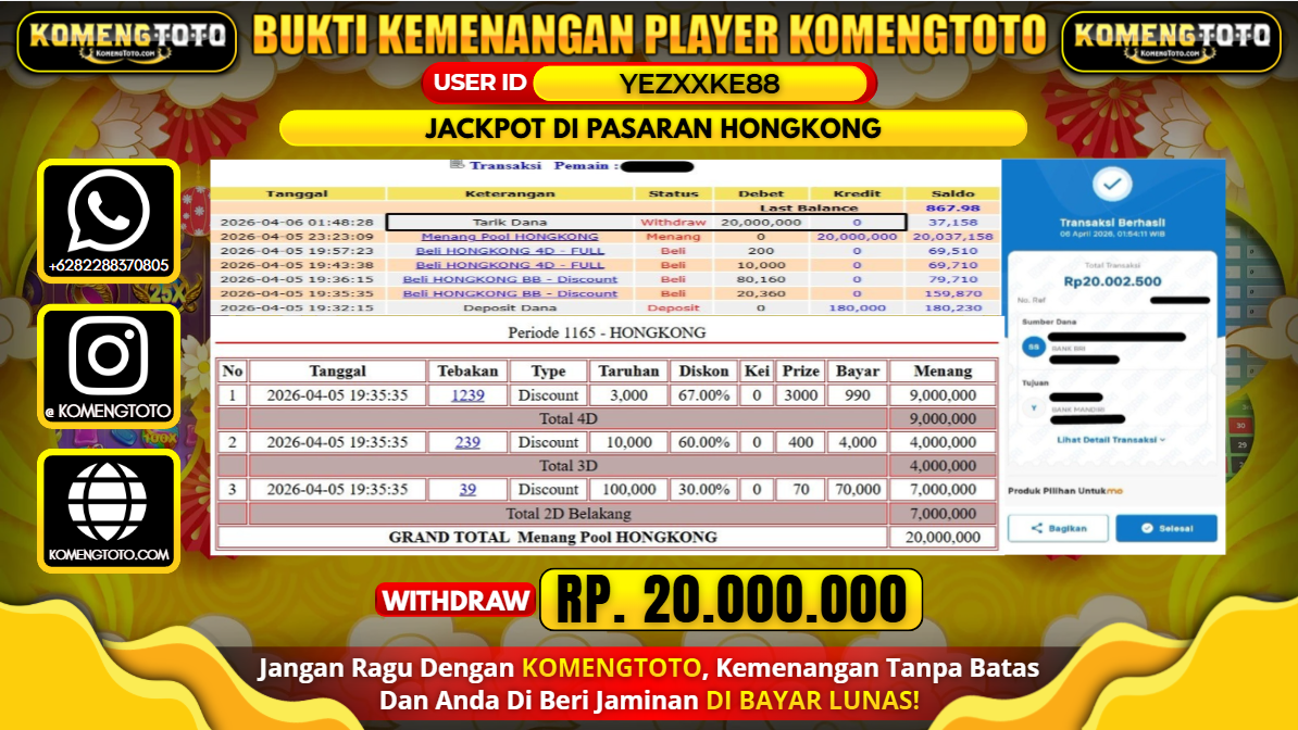 LAGI & LAGI!! KEMENANGAN BESAR DI SPASARAN HONGKONG  SEBESAR Rp.20.000.000 KOMENGTOTO BAYAR LUNAS SECEPAT KILAT !! KOMENGTOTO BAYAR SECEPAT KILAT !!