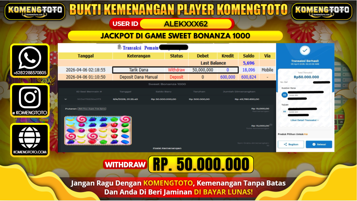 LAGI & LAGI!! KEMENANGAN BESAR DI SLOT SWEET BONANZA 1000 SEBESAR Rp.50.000.000 KOMENGTOTO BAYAR LUNAS SECEPAT KILAT !! KOMENGTOTO BAYAR SECEPAT KILAT !!