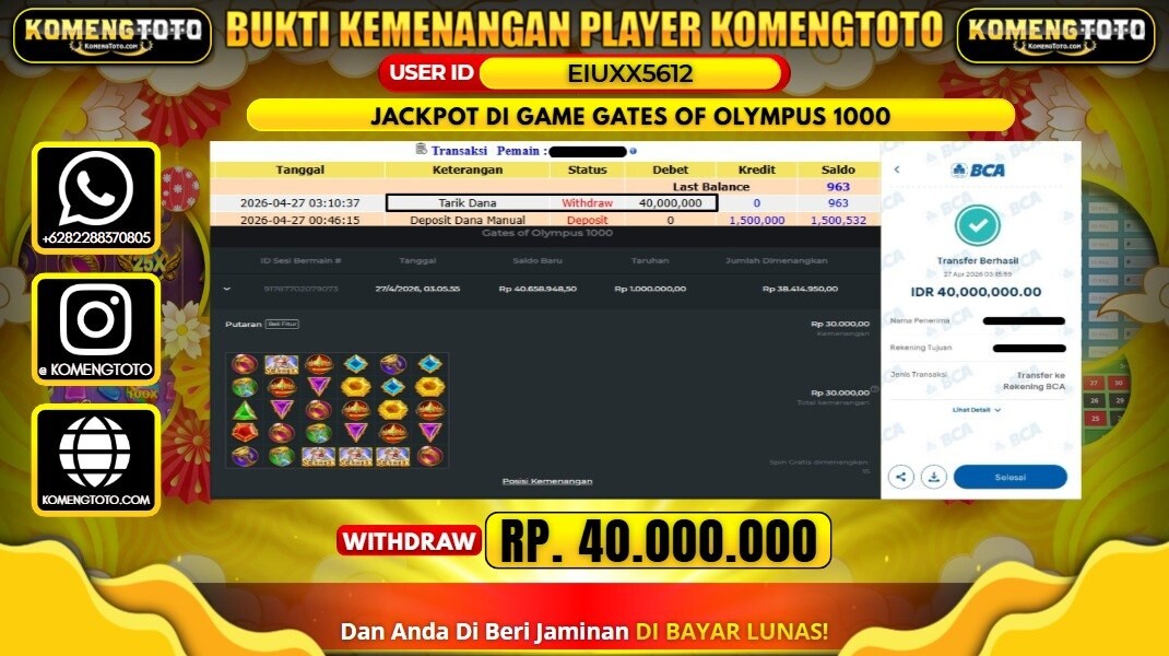 LAGI & LAGI!! KEMENANGAN BESAR DI SLOT GATES OF OLYMPUS 1000 SEBESAR Rp.40.000.000 KOMENGTOTO BAYAR LUNAS SECEPAT KILAT !! KOMENGTOTO BAYAR SECEPAT KILAT !!