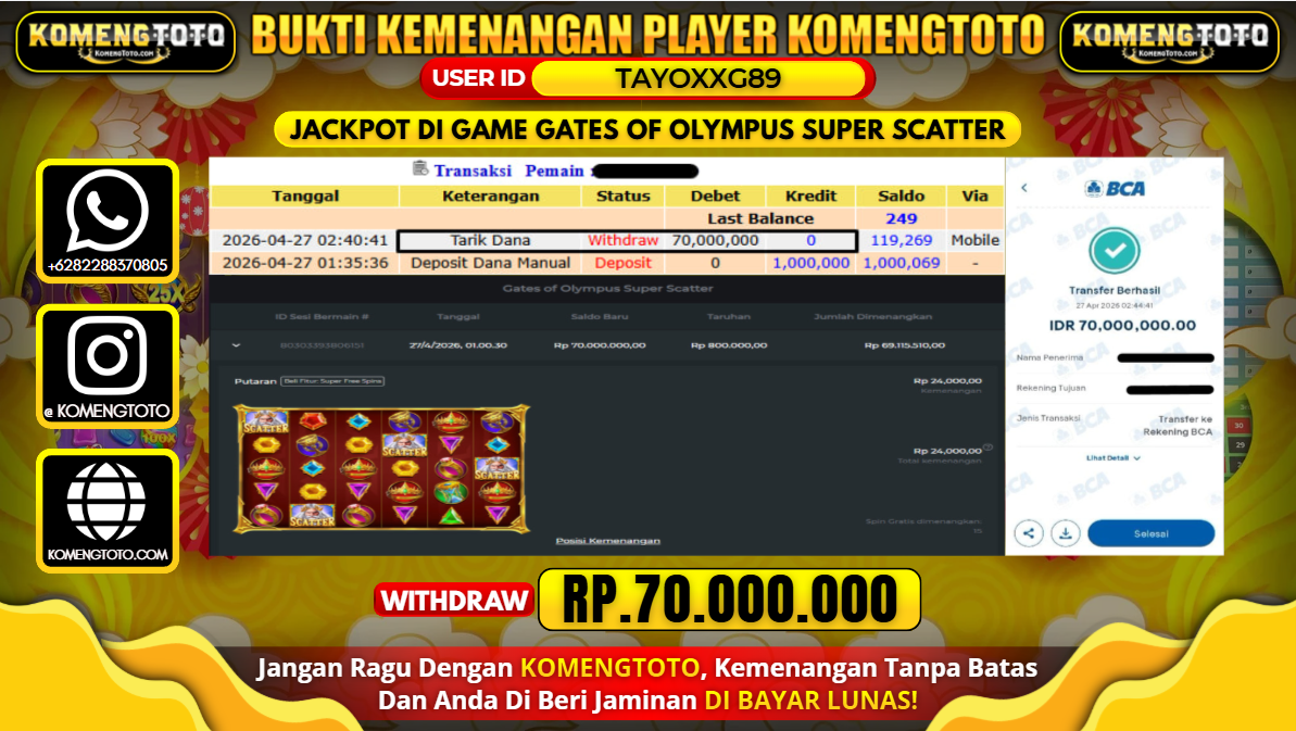 LAGI & LAGI!! KEMENANGAN BESAR DI SLOT GATES OF OLYMPUS SUPER SCATTER SEBESAR Rp.70.000.000 KOMENGTOTO BAYAR LUNAS SECEPAT KILAT !! KOMENGTOTO BAYAR SECEPAT KILAT !!