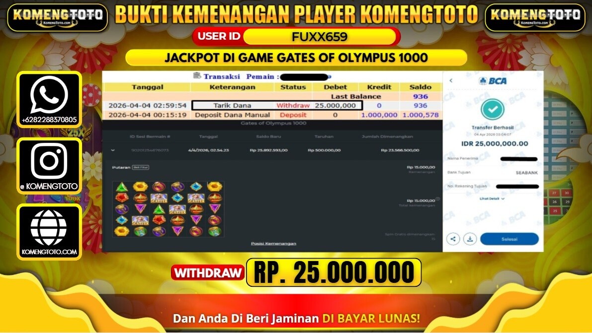 LAGI & LAGI!! KEMENANGAN BESAR DI SLOT GATES OF OLYMPUS 1000 SEBESAR Rp.25.000.000 KOMENGTOTO BAYAR LUNAS SECEPAT KILAT !! KOMENGTOTO BAYAR SECEPAT KILAT !!