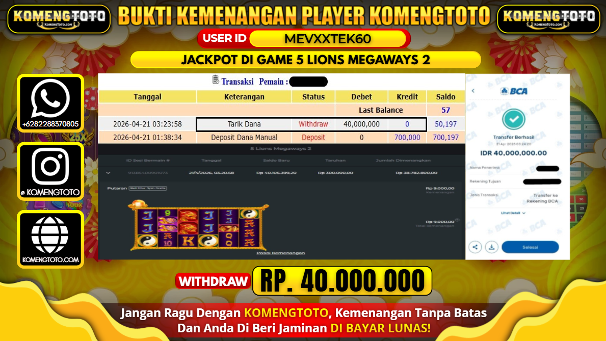 LAGI & LAGI!! KEMENANGAN BESAR DI SLOT 5 LIONS MEGAWAYS 2 SEBESAR Rp.40.000.000 KOMENGTOTO BAYAR LUNAS SECEPAT KILAT !! KOMENGTOTO BAYAR SECEPAT KILAT !!