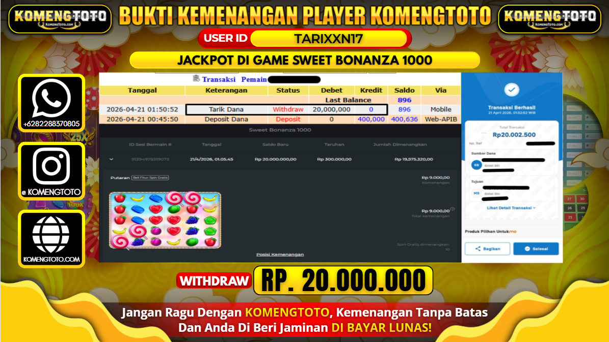 LAGI & LAGI!! KEMENANGAN BESAR DI SLOT   SWEET BONANZA 1000 SEBESAR Rp.20.000.000 KOMENGTOTO BAYAR LUNAS SECEPAT KILAT !! KOMENGTOTO BAYAR SECEPAT KILAT !!
