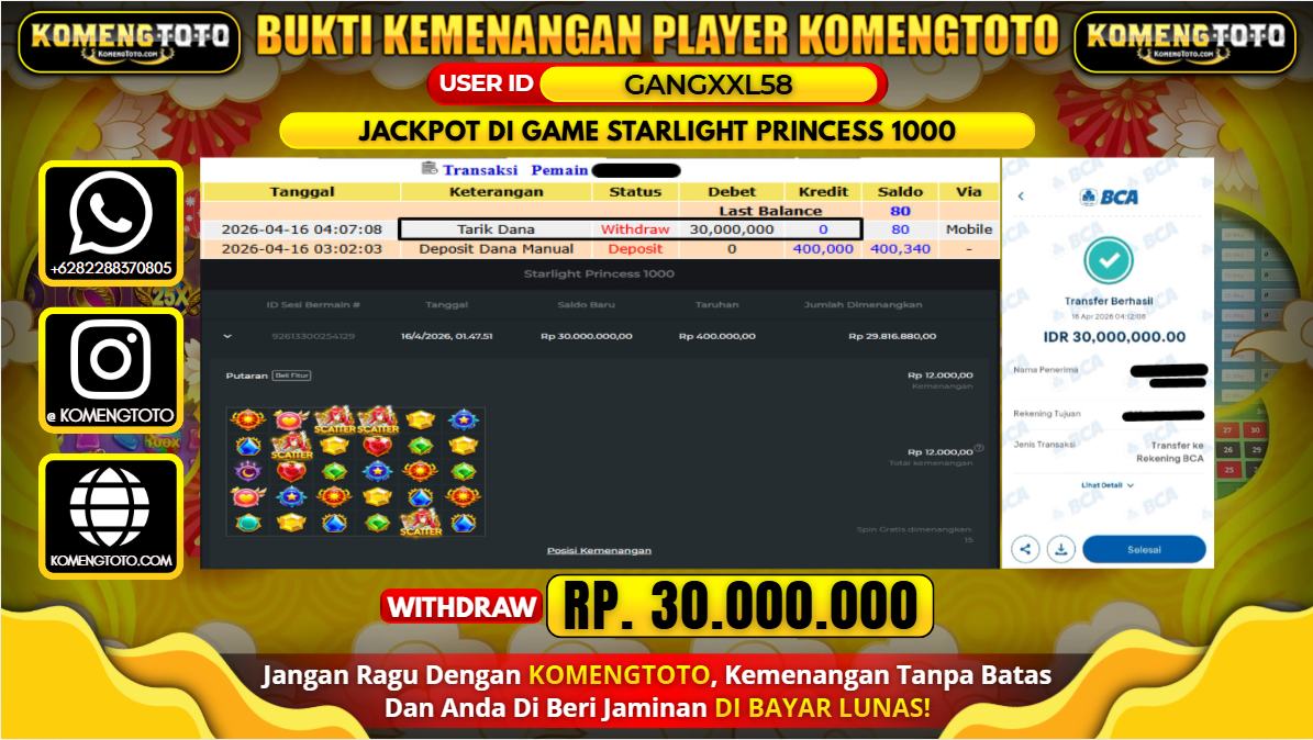LAGI & LAGI!! KEMENANGAN BESAR DI SLOT STARLIGHT PRINCESS 1000 SEBESAR Rp.30.000.000 KOMENGTOTO BAYAR LUNAS SECEPAT KILAT !! KOMENGTOTO BAYAR SECEPAT KILAT !!
