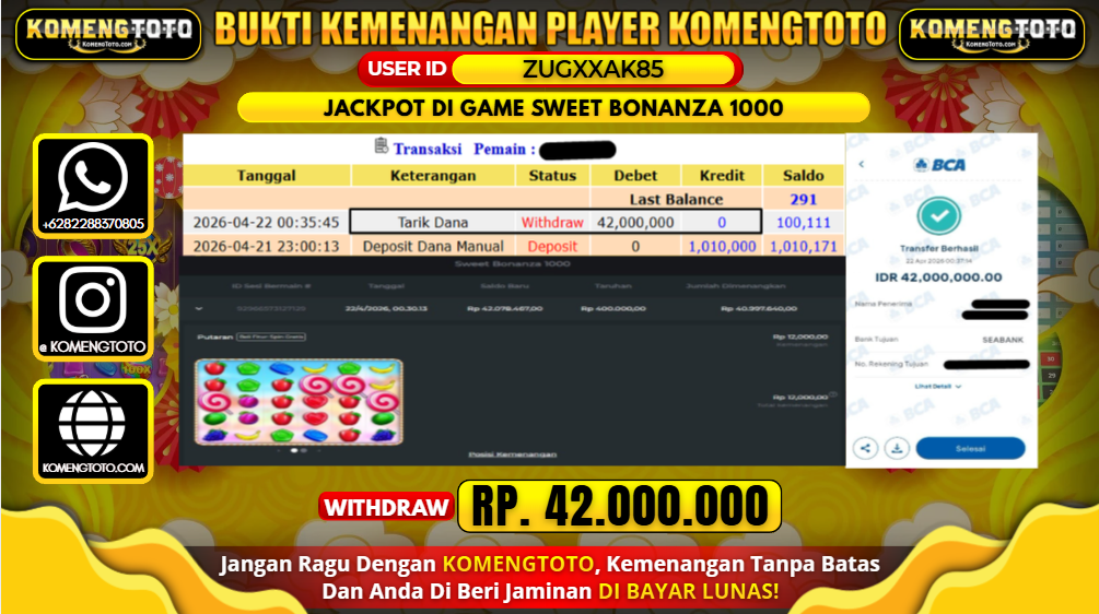 LAGI & LAGI!! KEMENANGAN BESAR DI SLOT SWEET BONANZA 1000 SEBESAR Rp.42.000.000 KOMENGTOTO BAYAR LUNAS SECEPAT KILAT !! KOMENGTOTO BAYAR SECEPAT KILAT !!