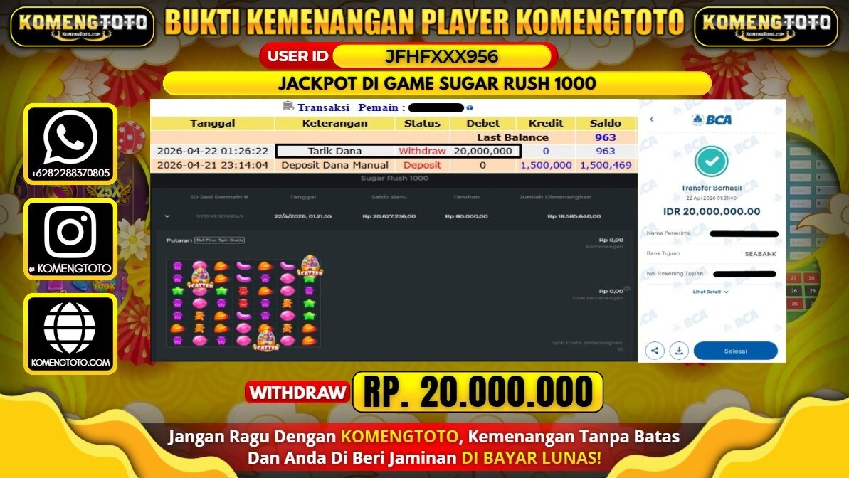 LAGI & LAGI!! KEMENANGAN BESAR DI SLOT SUGAR RUSH 1000 SEBESAR Rp.20.000.000 KOMENGTOTO BAYAR LUNAS SECEPAT KILAT !! KOMENGTOTO BAYAR SECEPAT KILAT !!