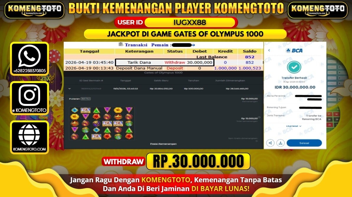 LAGI & LAGI!! KEMENANGAN BESAR DI SLOT  GATES OF OLYMPUS 1000 SEBESAR Rp.30.000.000 KOMENGTOTO BAYAR LUNAS SECEPAT KILAT !! KOMENGTOTO BAYAR SECEPAT KILAT !!