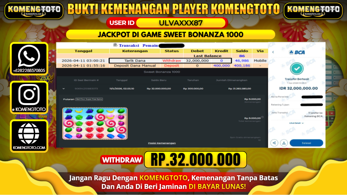 LAGI & LAGI!! KEMENANGAN BESAR DI SLOT SWEET BONANZA 1000 SEBESAR Rp.32.000.000 KOMENGTOTO BAYAR LUNAS SECEPAT KILAT !! KOMENGTOTO BAYAR SECEPAT KILAT !!