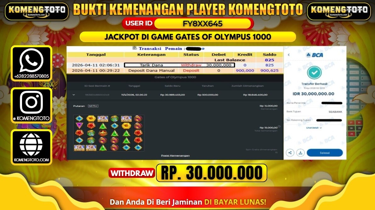 LAGI & LAGI!! KEMENANGAN BESAR DI SLOT  GATES OF OLYMPUS 1000 SEBESAR Rp.30.000.000 KOMENGTOTO BAYAR LUNAS SECEPAT KILAT !! KOMENGTOTO BAYAR SECEPAT KILAT !!