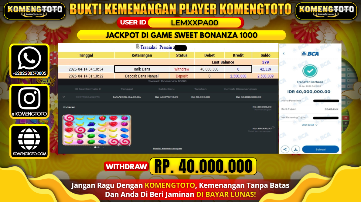 LAGI & LAGI!! KEMENANGAN BESAR DI SLOT SWEET BONANZA 1000  SEBESAR Rp.40.000.000 KOMENGTOTO BAYAR LUNAS SECEPAT KILAT !! KOMENGTOTO BAYAR SECEPAT KILAT !!