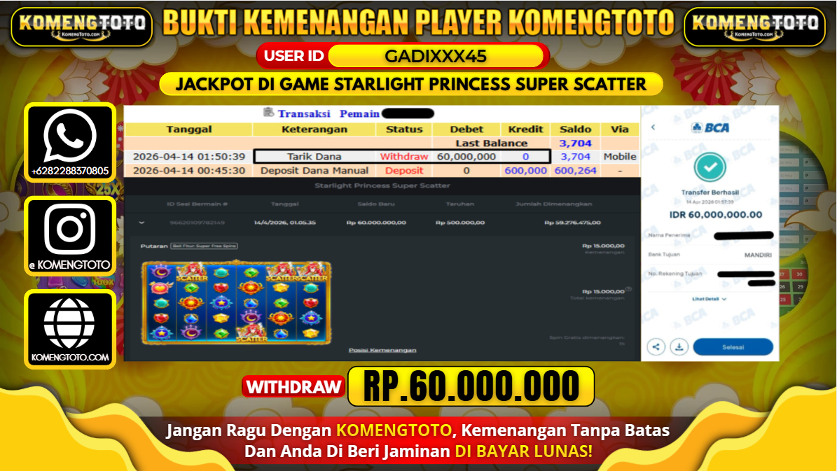 LAGI & LAGI!! KEMENANGAN BESAR DI SLOT STARLIGHT PRINCESS SUPER SCATTER SEBESAR Rp.60.000.000 KOMENGTOTO BAYAR LUNAS SECEPAT KILAT !! KOMENGTOTO BAYAR SECEPAT KILAT !!