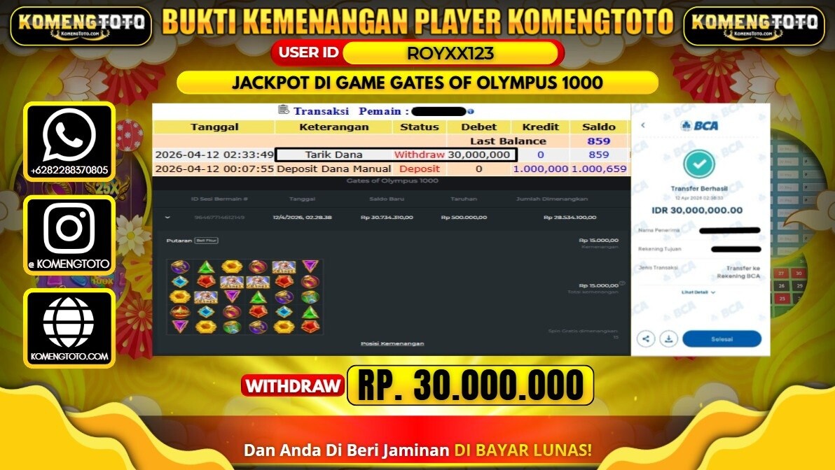 LAGI & LAGI!! KEMENANGAN BESAR DI SLOT  GATES OF OLYMPUS 1000 SEBESAR Rp.30.000.000 KOMENGTOTO BAYAR LUNAS SECEPAT KILAT !! KOMENGTOTO BAYAR SECEPAT KILAT !!c