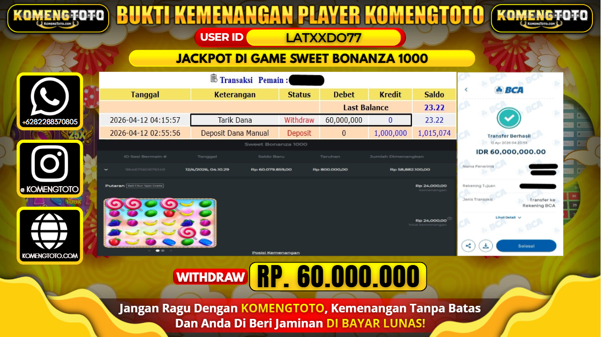 LAGI & LAGI!! KEMENANGAN BESAR DI SLOT SWEET BONANZA 1000 SEBESAR Rp.60.000.000 KOMENGTOTO BAYAR LUNAS SECEPAT KILAT !! KOMENGTOTO BAYAR SECEPAT KILAT !!