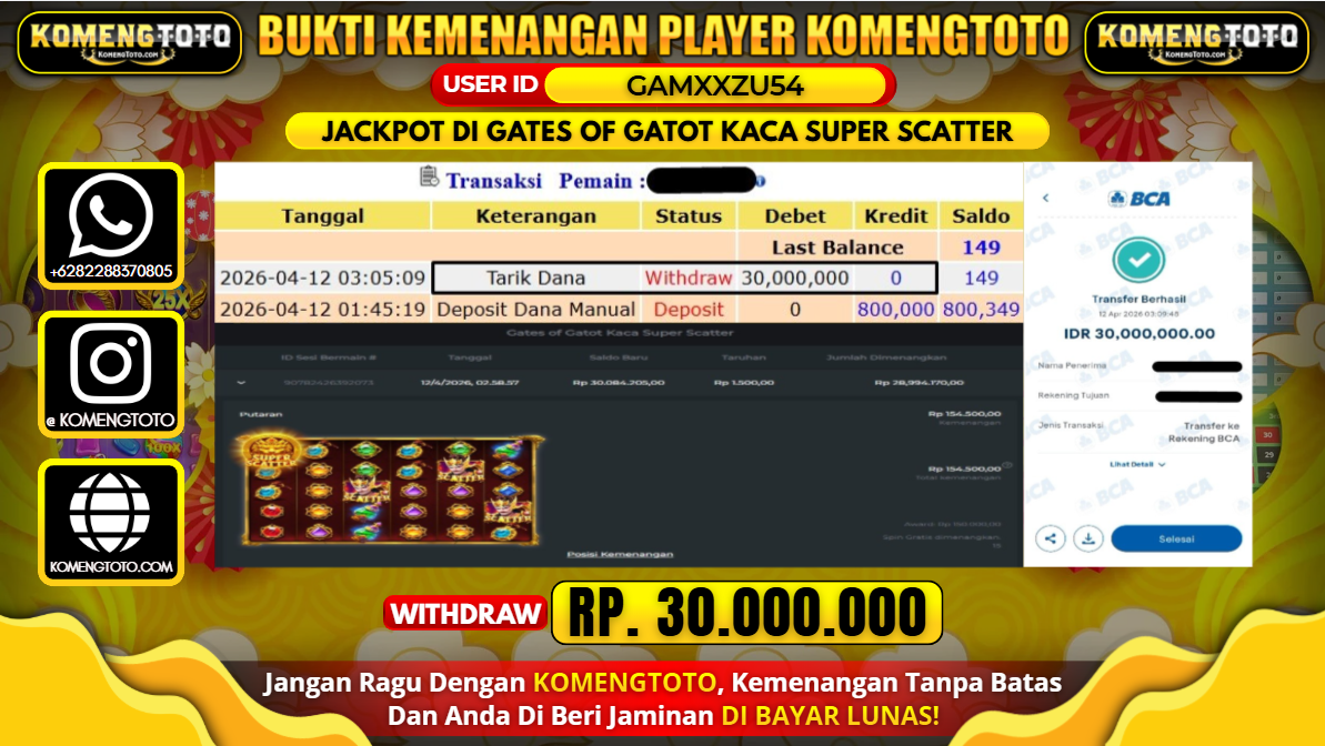 LAGI & LAGI!! KEMENANGAN BESAR DI SLOT GATES OF GATOT KACA SUPER SCATTER SEBESAR Rp.30.000.000 KOMENGTOTO BAYAR LUNAS SECEPAT KILAT !! KOMENGTOTO BAYAR SECEPAT KILAT !!