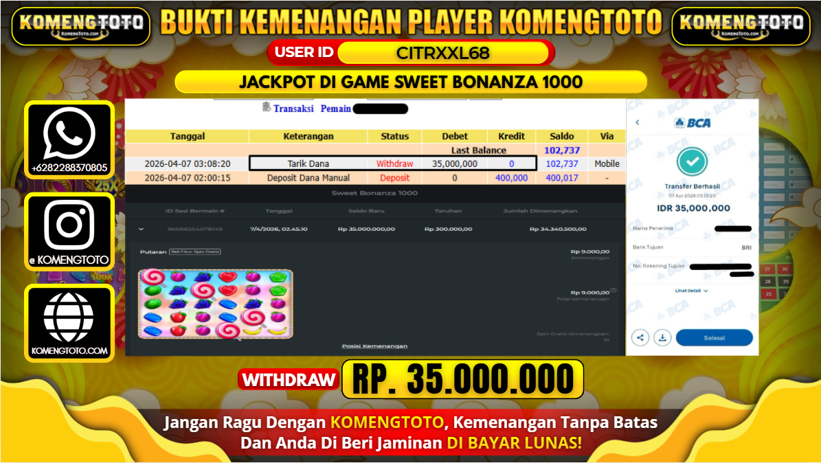 LAGI & LAGI!! KEMENANGAN BESAR DI SLOT  SWEET BONANZA 1000 SEBESAR Rp.35.000.000 KOMENGTOTO BAYAR LUNAS SECEPAT KILAT !! KOMENGTOTO BAYAR SECEPAT KILAT !!